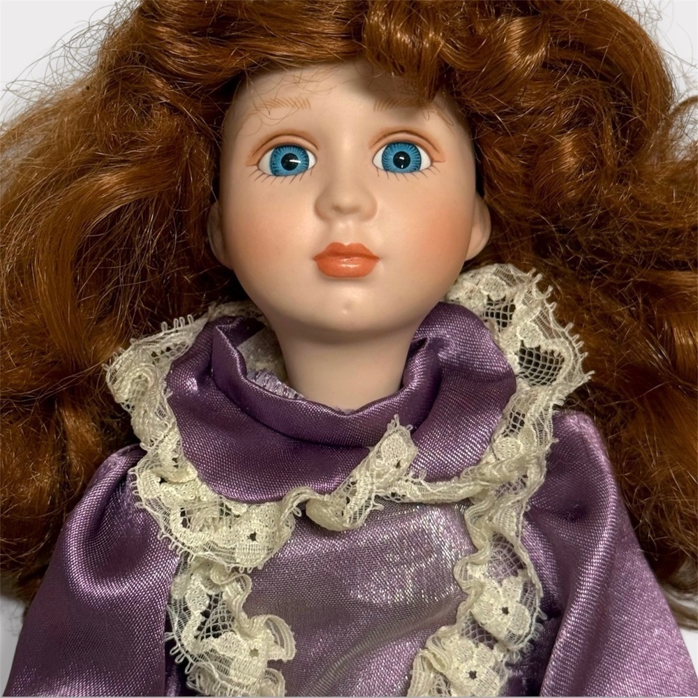 Vintage TUSS Porcelain Doll Victorian Purple Dress Red Hair Collector Doll 10”